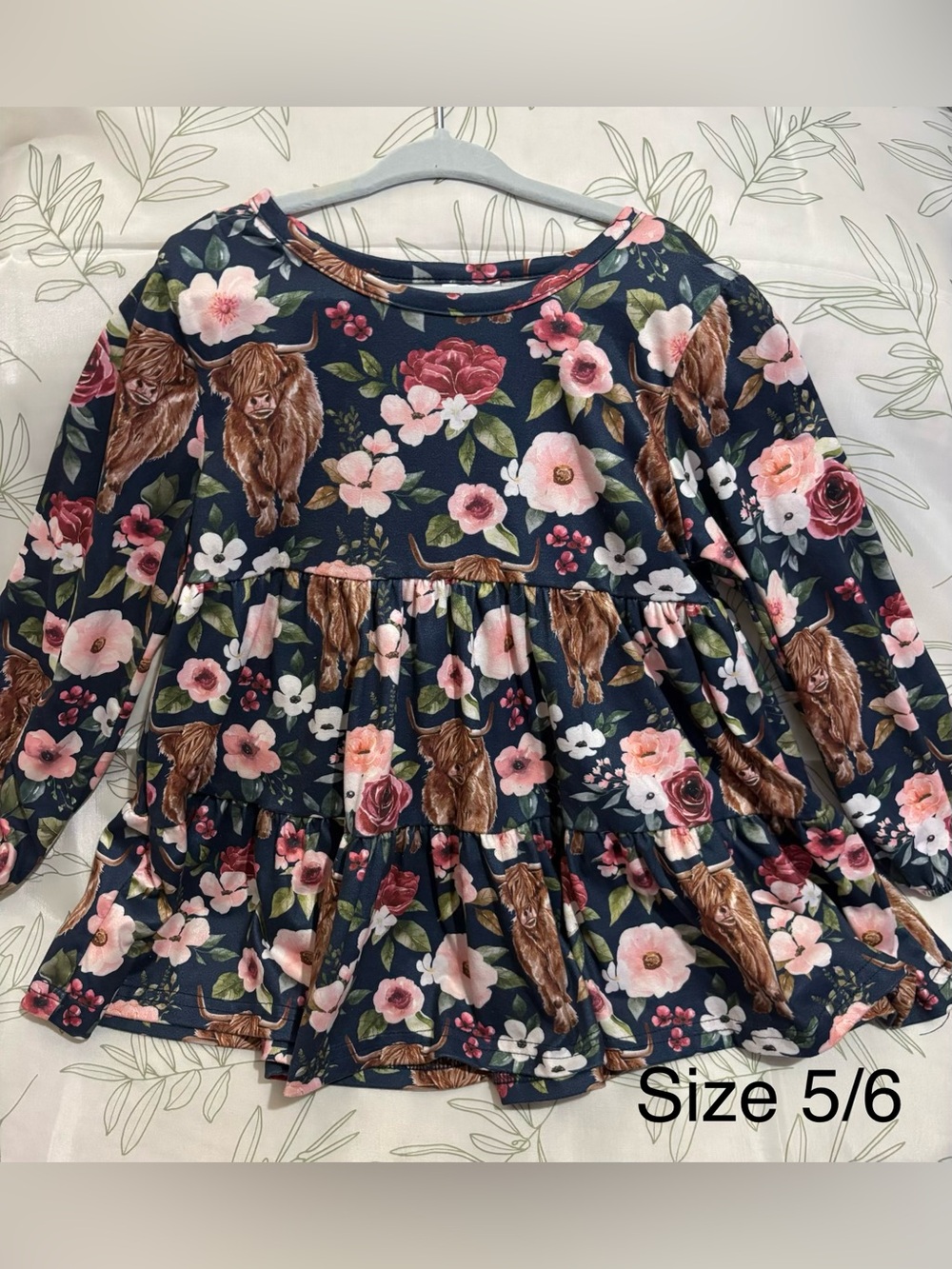 Girls Floral & Highland Cow Navy Ruffled Dress